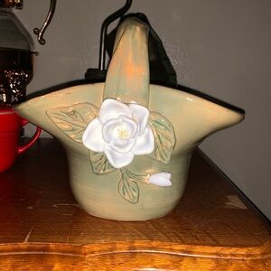 Vintage Ceramic Flower Basket Green White EC